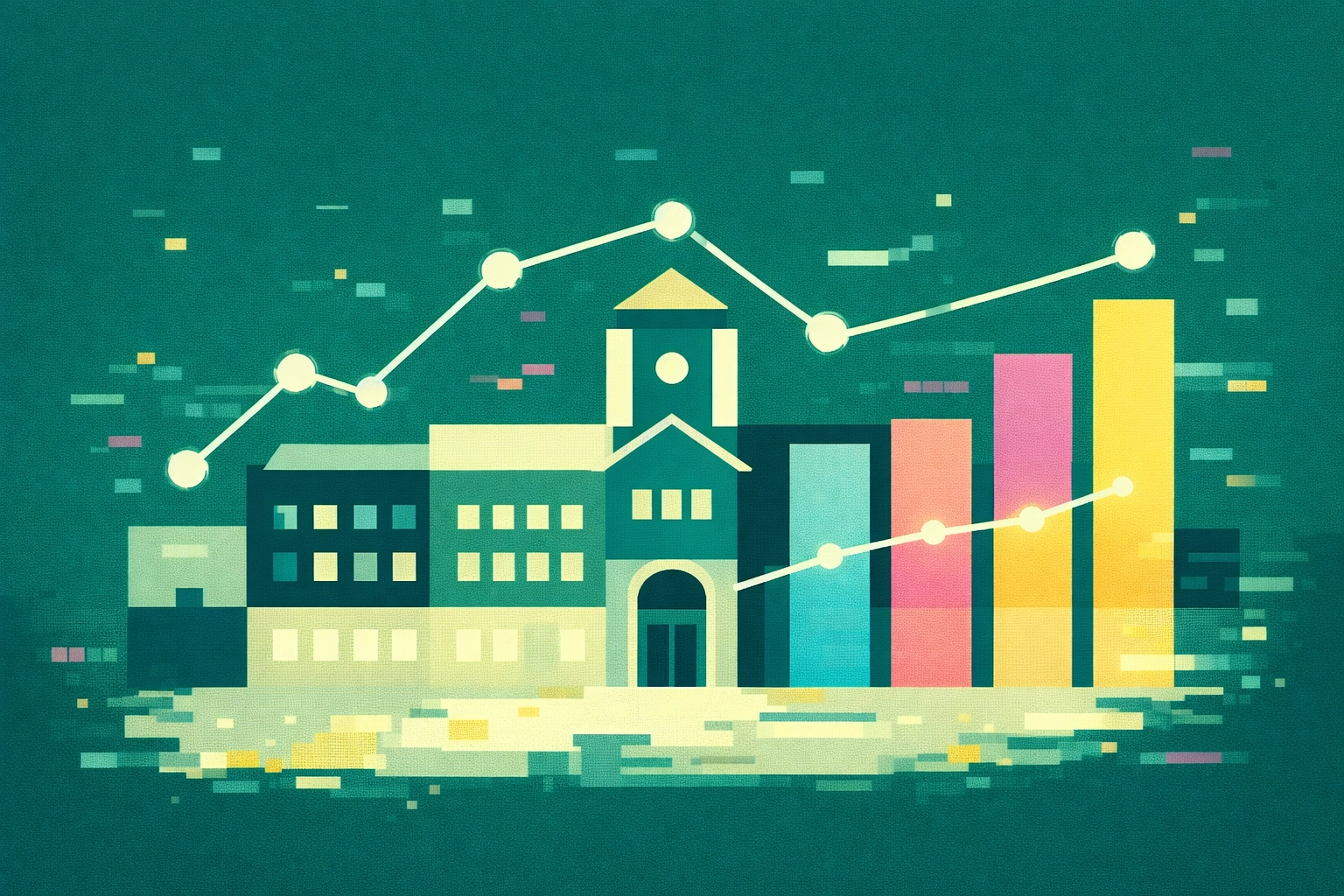 Minimalist flat-design campus icon with duotone analytics overlay and subtle pixel-glitch accents, in MM Sanford brand colors.