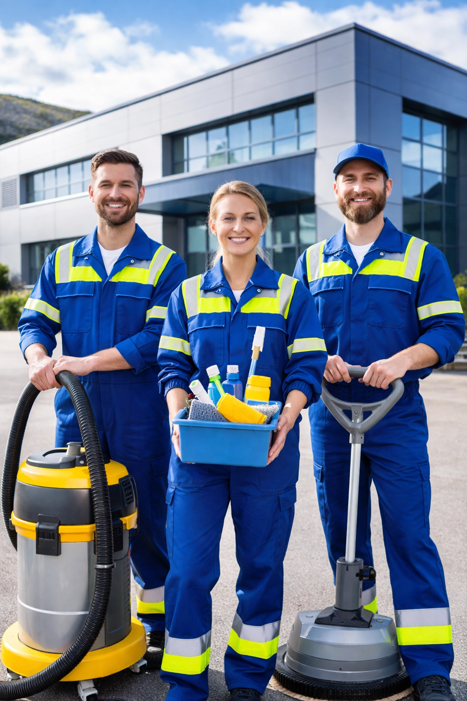 Professional industrial cleaning team in blue uniforms outside Scottish manufacturing facility