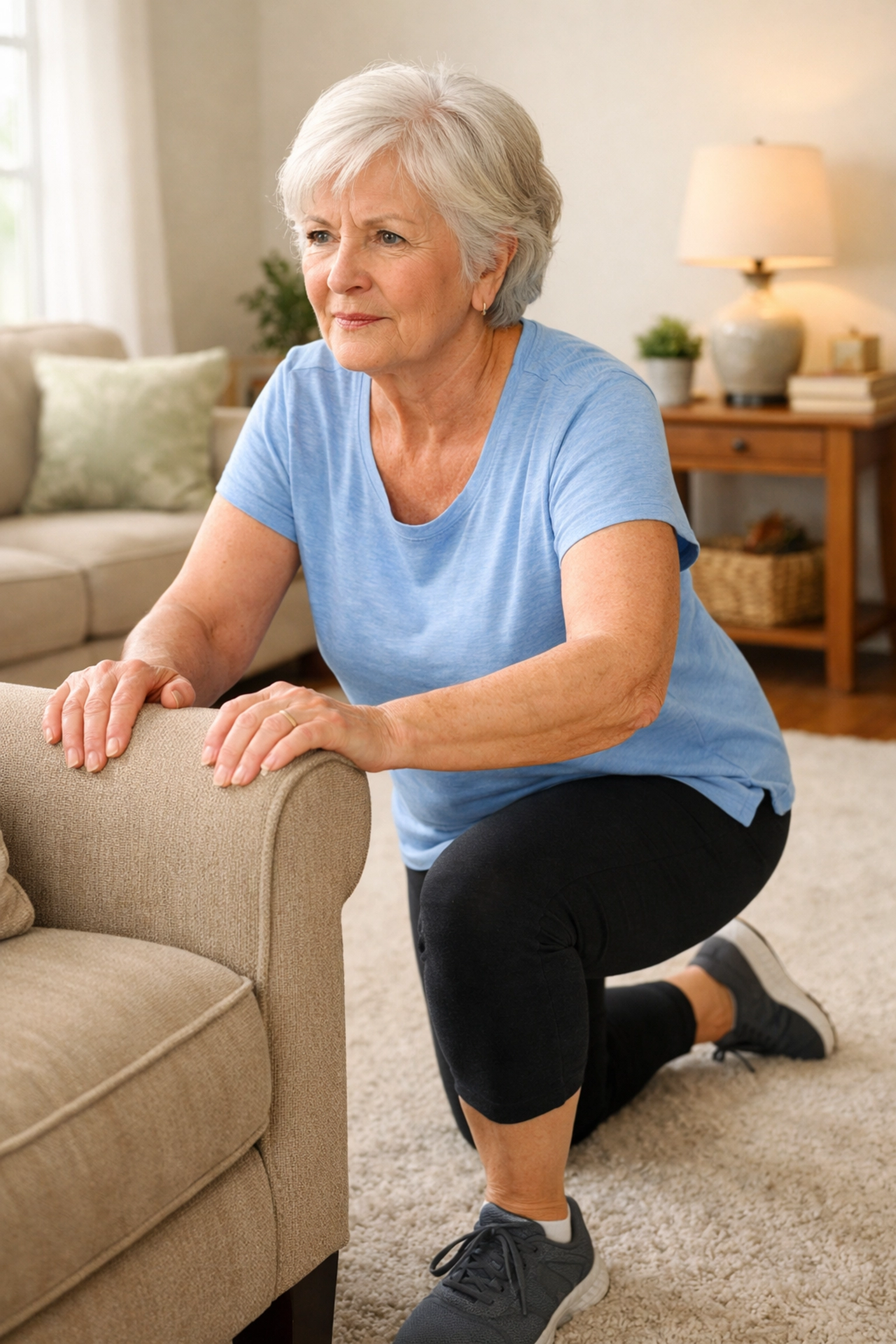 Senior woman in lunge position holding armchair while practicing fall recovery technique