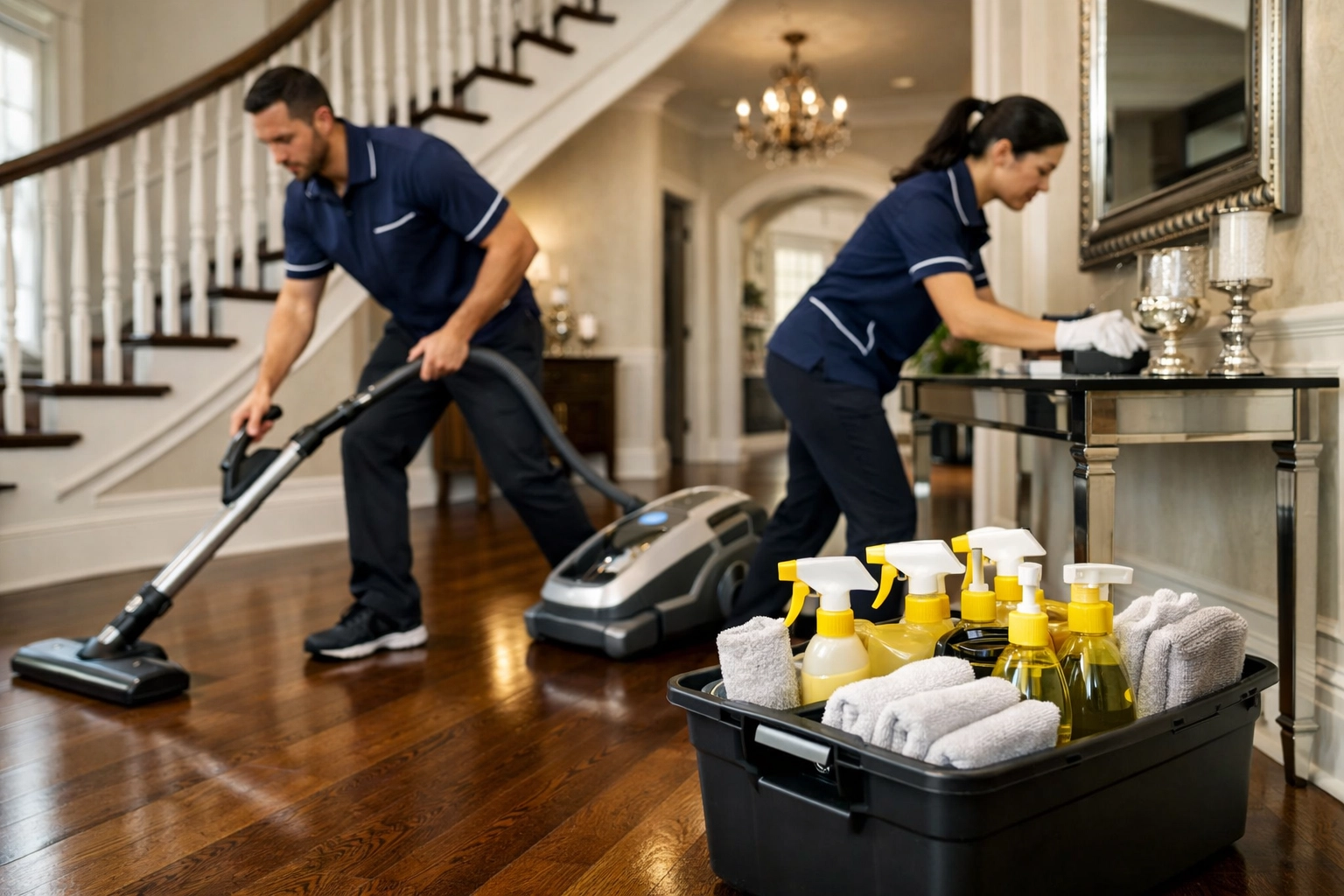 The Cleaning Ninjas team performing professional weekly house cleaning for a large Massachusetts home.