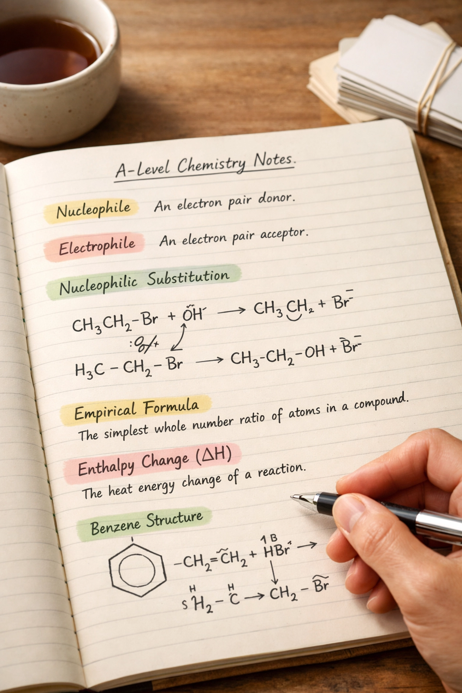 A-Level chemistry notebook with detailed scientific terminology, formulas, and reaction mechanisms