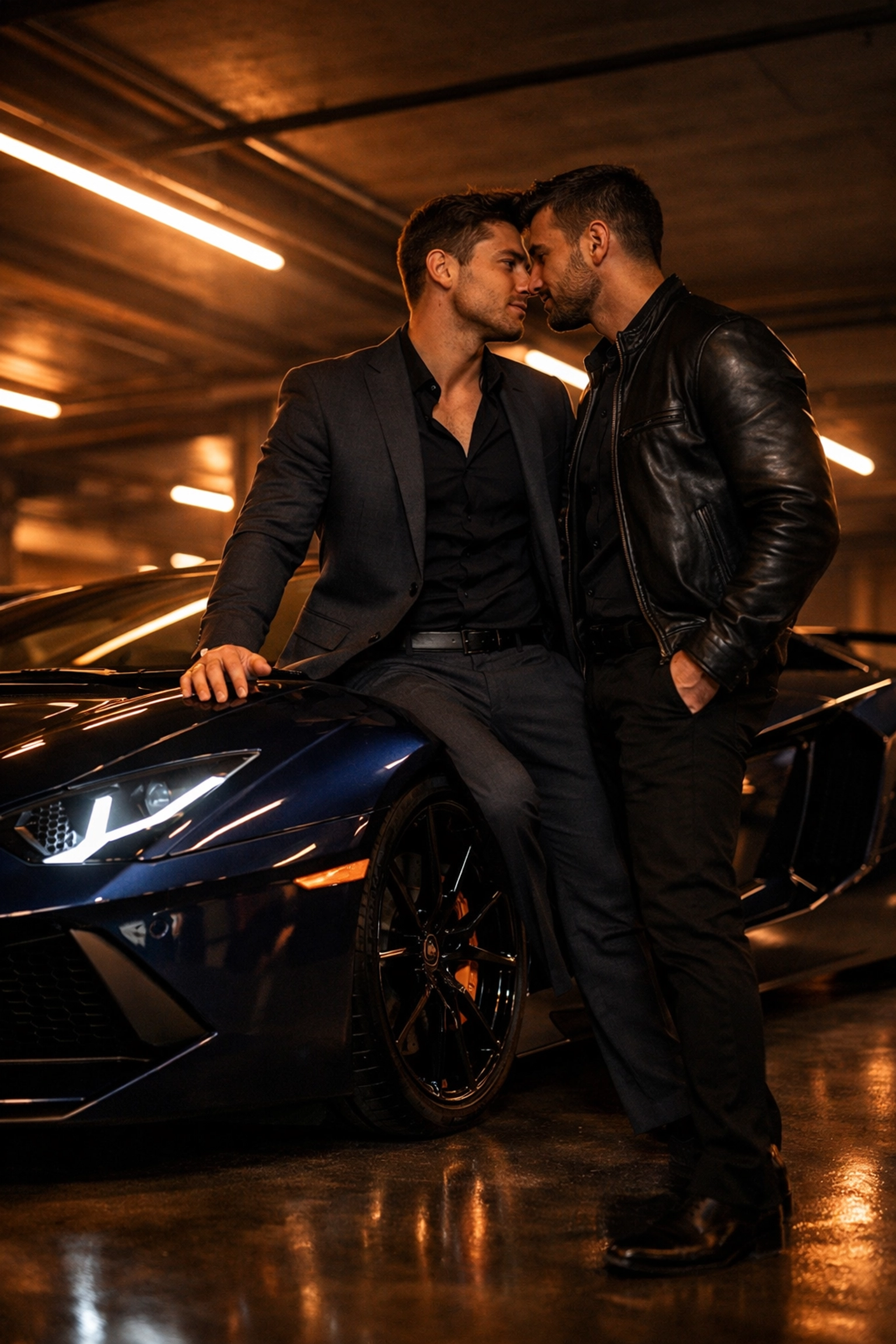 Two men share intimate moment beside luxury Lamborghini in gay romance setting