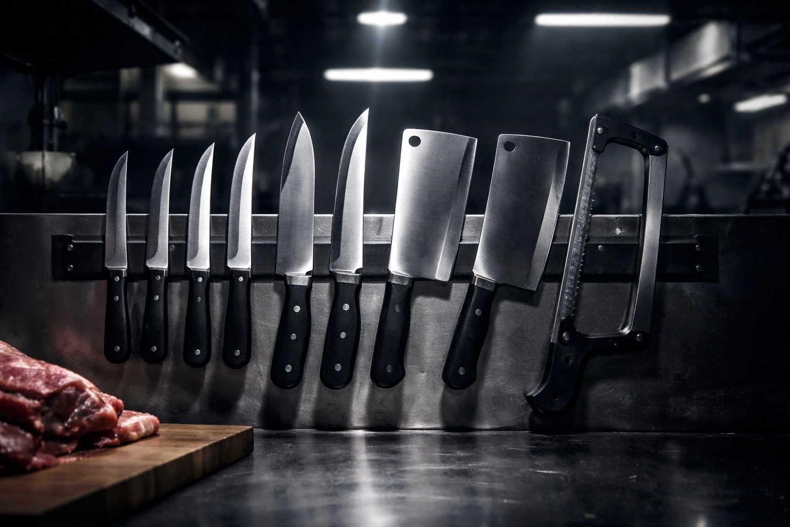 Freshly sharpened boning knives, cleavers, and meat processing blades on a magnetic strip in a butcher's workspace.