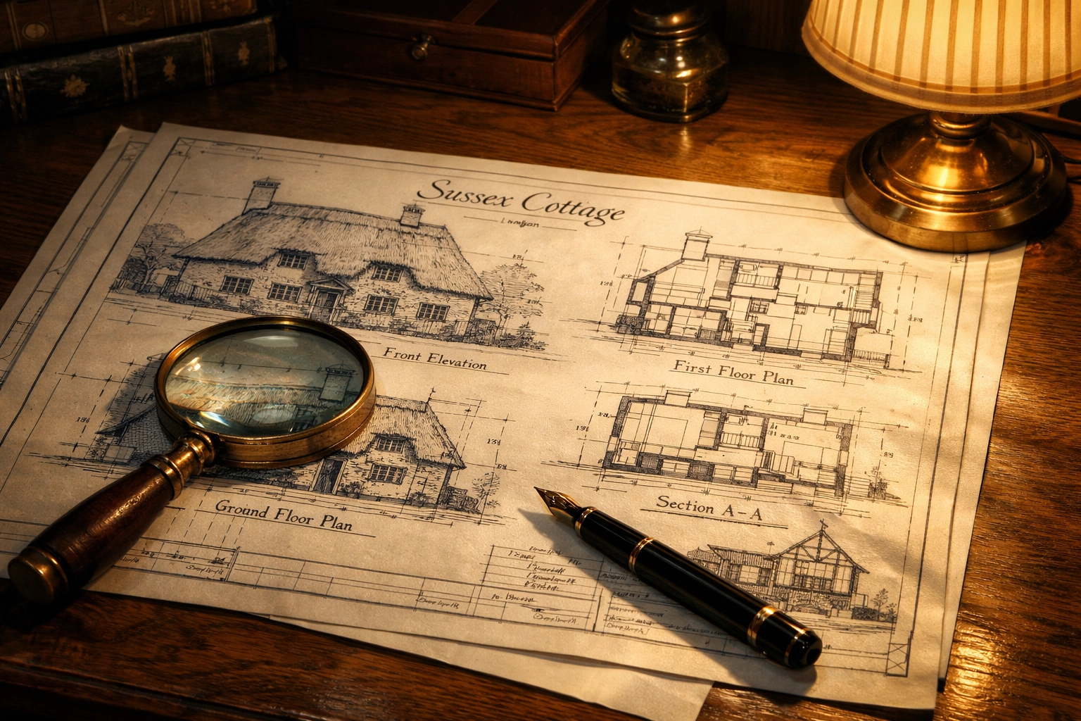 Architectural blueprints for a historic Sussex cottage renovation on a vintage oak desk.