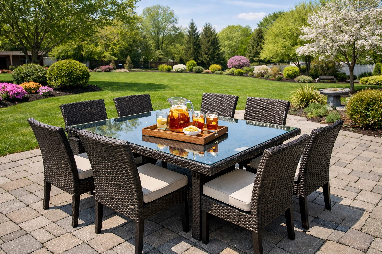 Clean and staged outdoor dining furniture on a modern paver patio in a backyard.