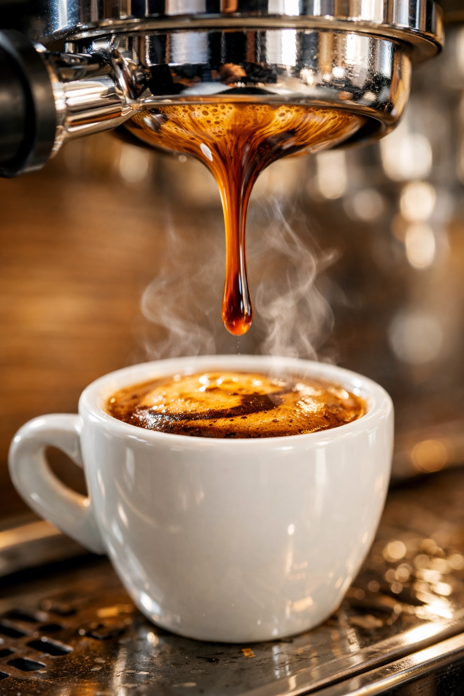 A perfect espresso shot with rich crema being pulled into a white cup, demonstrating wholesale coffee consistency.