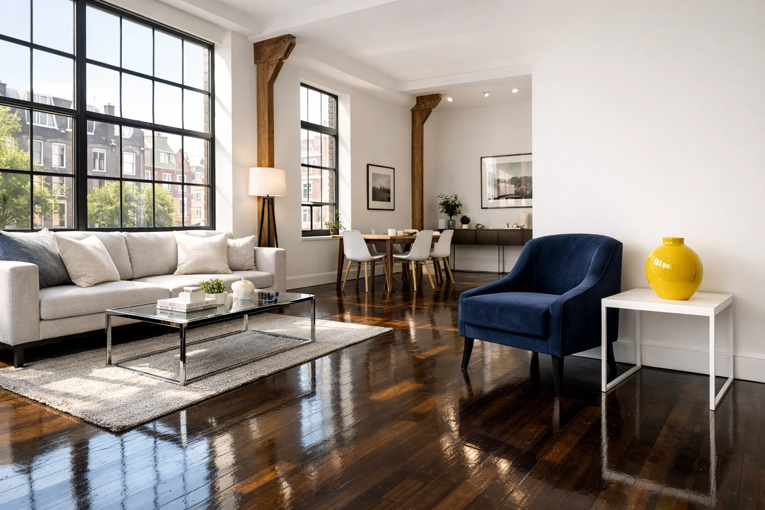 Spotless Canal District loft living room with gleaming floors after move-out cleaning Worcester.