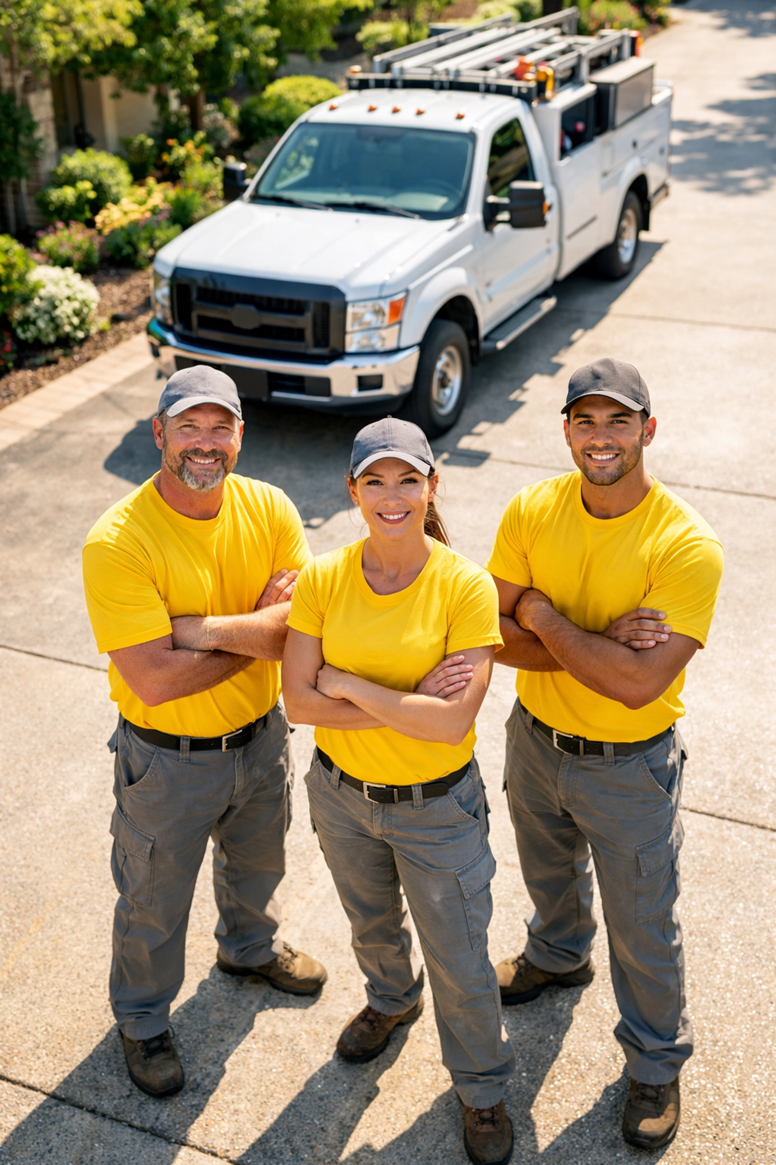 Professional landscaping crew wearing matching yellow custom t shirts standing by their work truck.