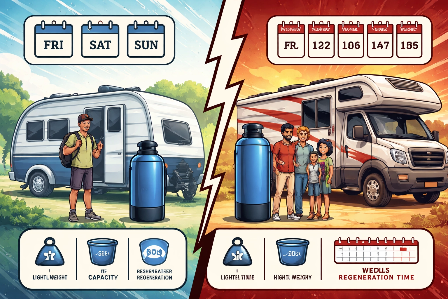 Side-by-side comic panel showing small softener with solo RV traveler vs large softener with family, comparing RV water softener sizes