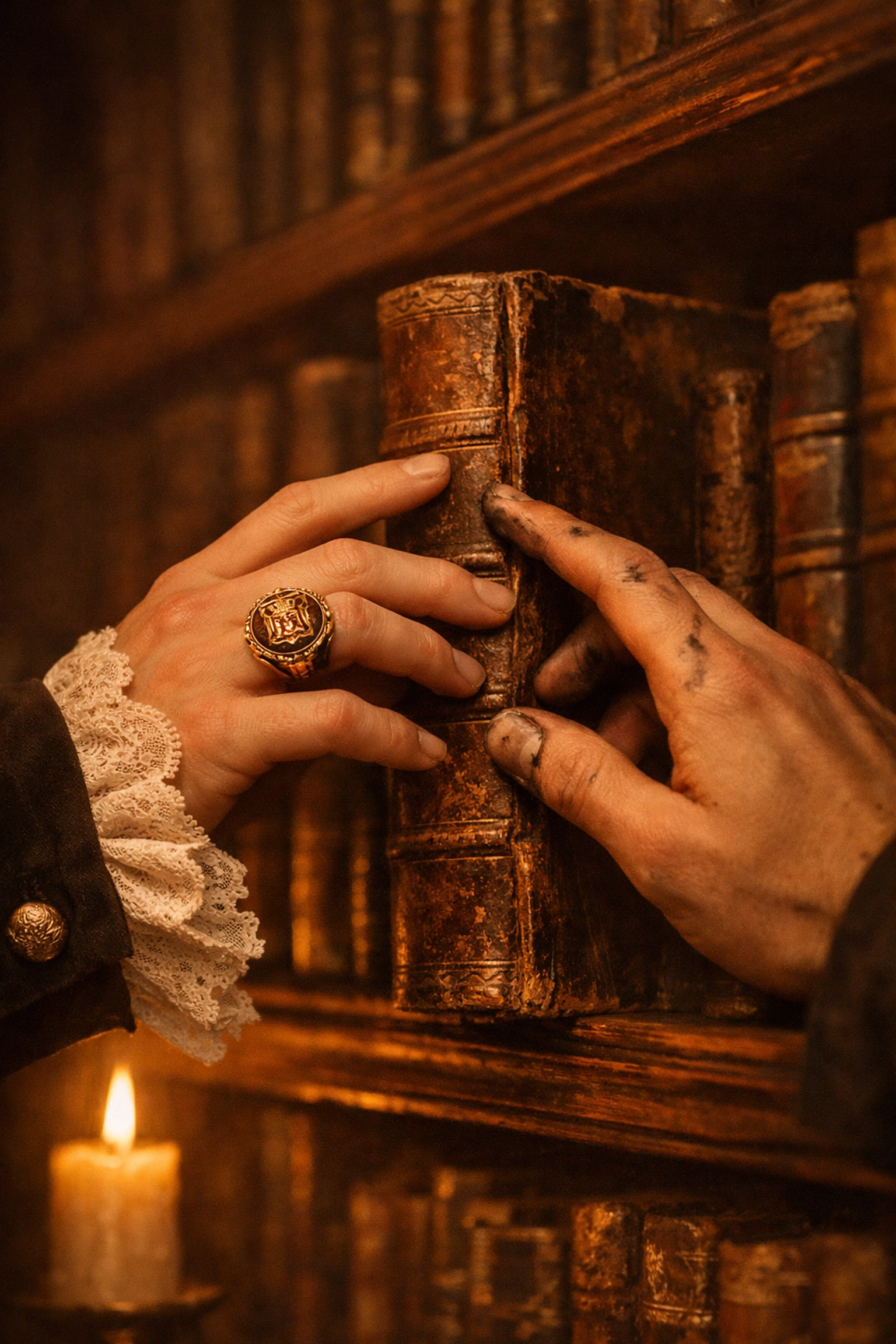Men's hands nearly touch reaching for book in historic Geneva library - gay historical romance scene