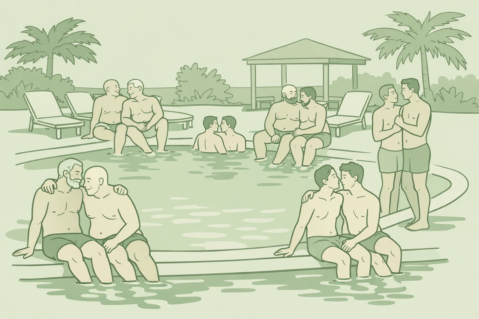 Diverse male couples relaxing at naturist resort pool showcasing body acceptance in gay romance
