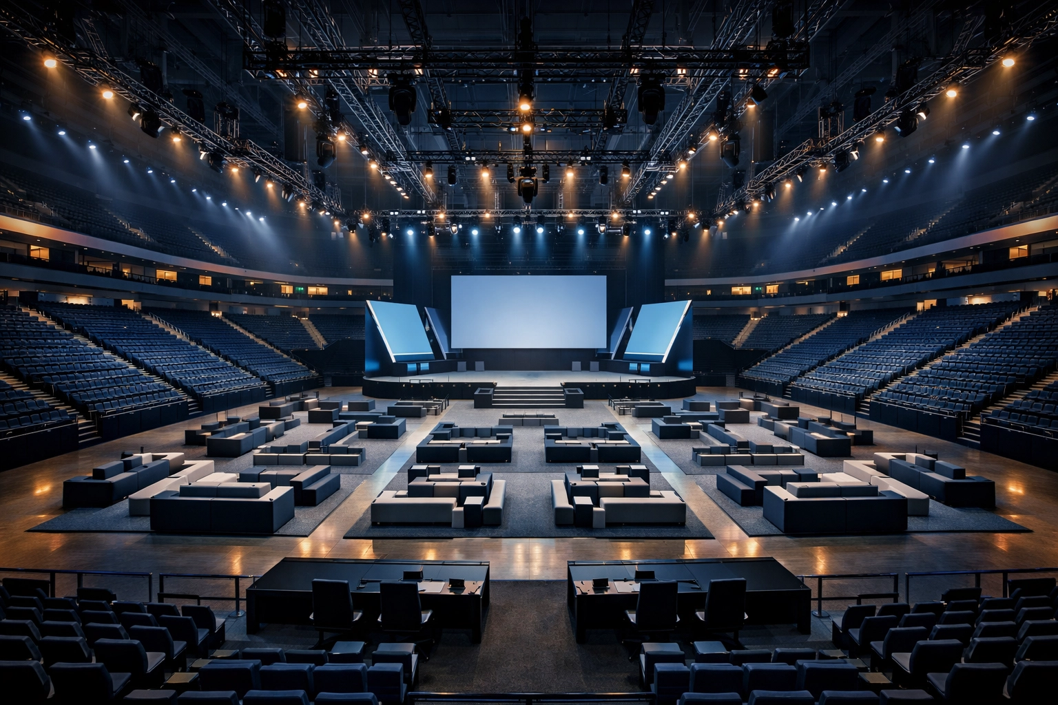 Modern entertainment venue layout with professional lighting designed for high-impact brand events.