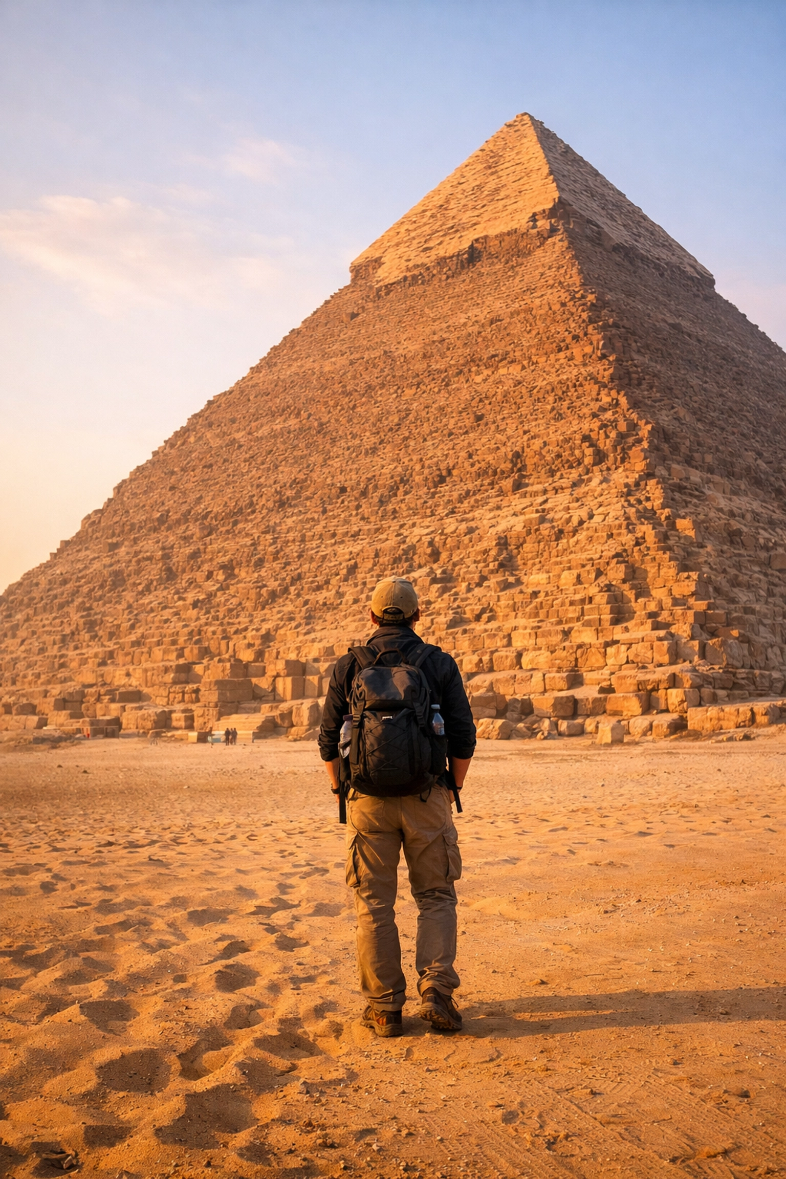 Traveler at the Great Pyramid of Giza during sunrise in Egypt 2026