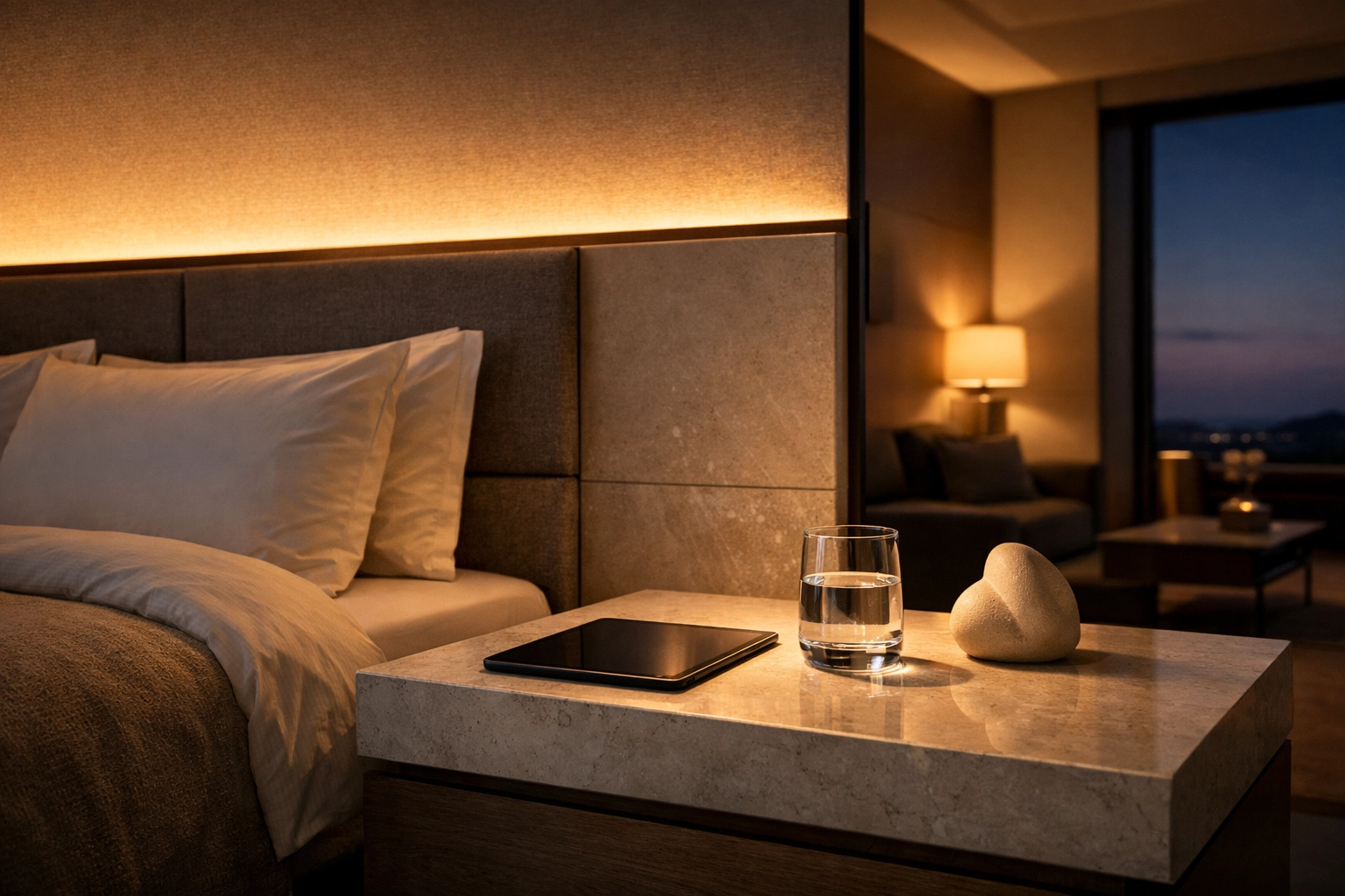 High-tech hotel suite with integrated smart room controls and bedside tablet.
