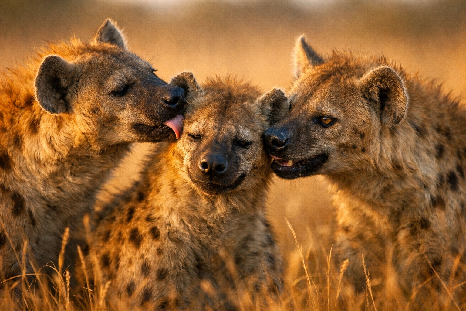 Spotted hyena clan interacting in savanna showcasing intelligence and social behavior