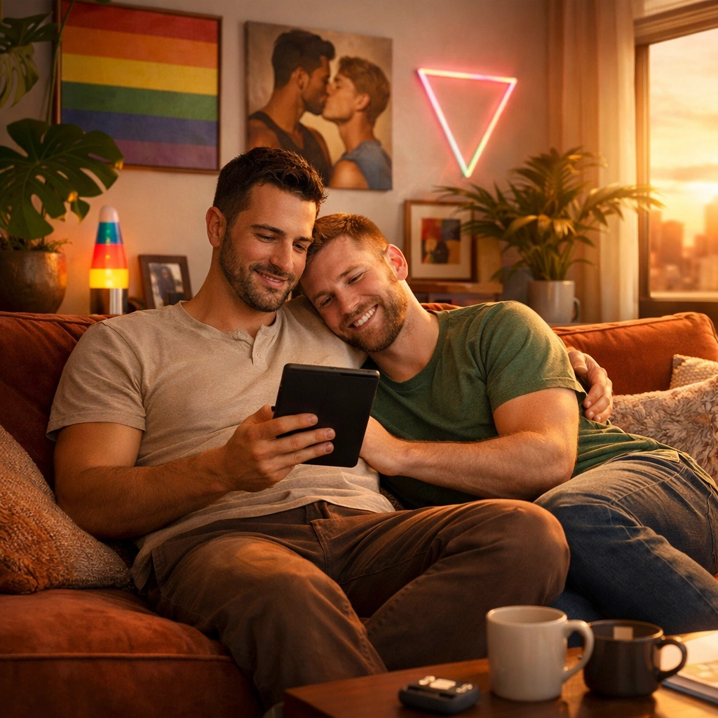A happy gay couple reading a modern MM romance ebook together in their living room.