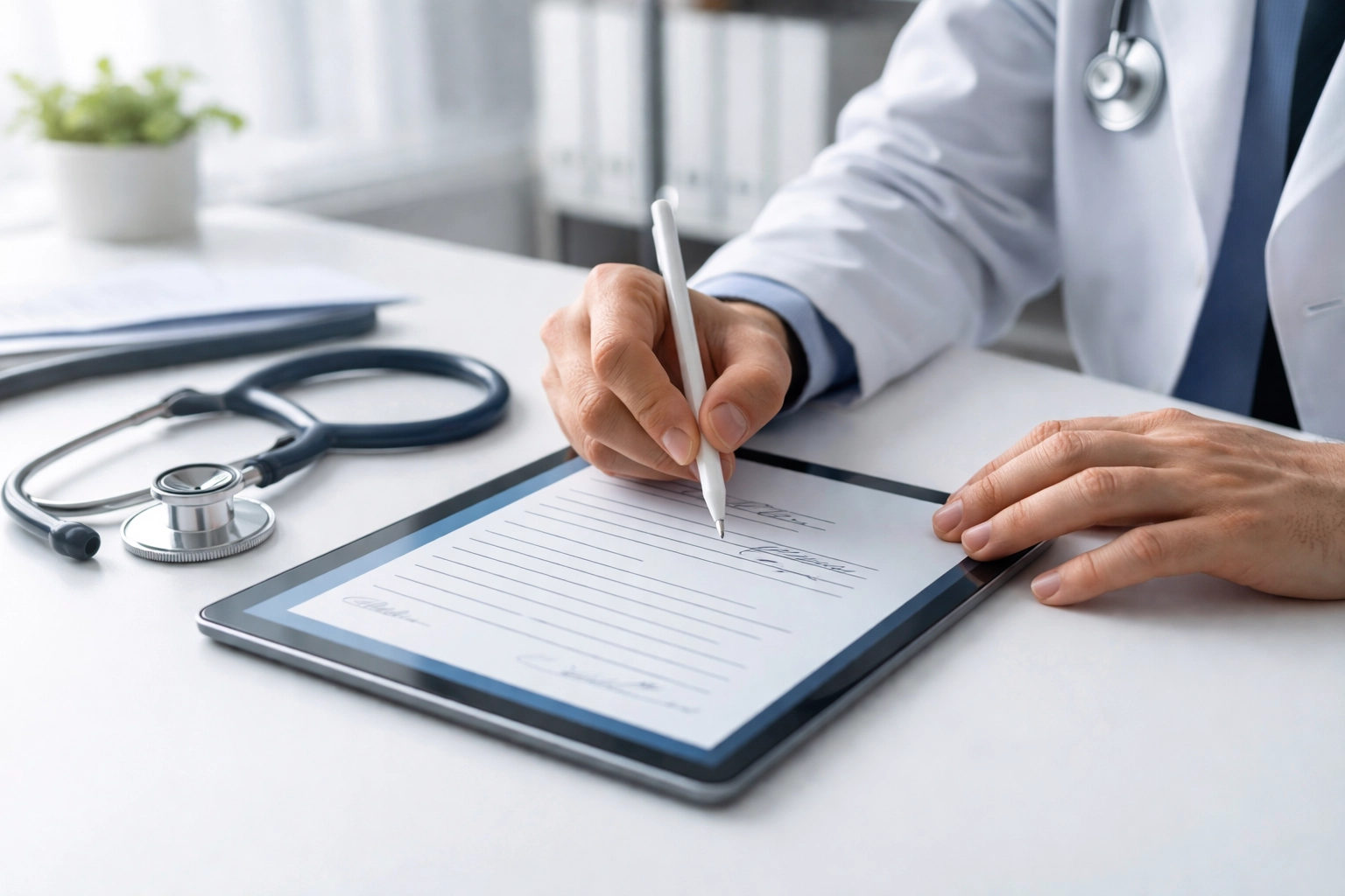Physician signing digital orders on tablet for home health documentation compliance