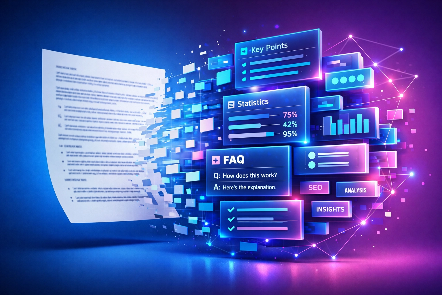 Traditional content transforming into AI-optimized structured data format for better SEO results