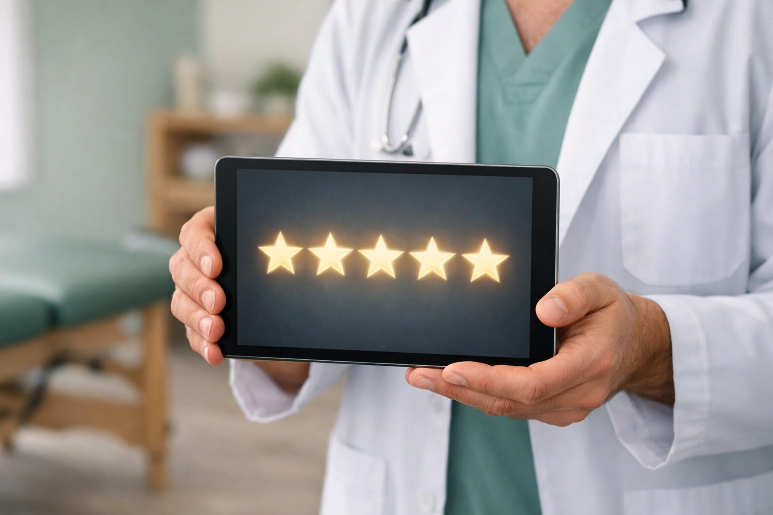 Chiropractor holding a tablet with five-star patient reviews for reputation management.