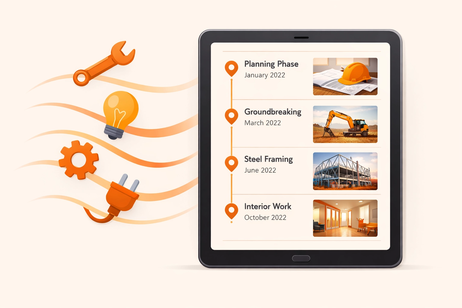 Contractor software displaying an organized construction photo documentation timeline on a tablet.