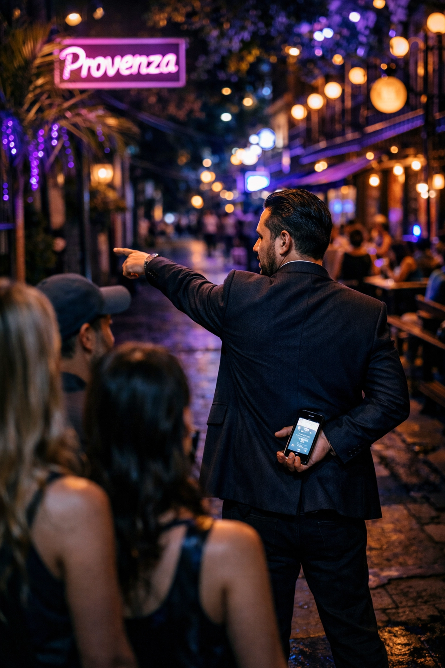 Fake guide in Provenza secretly using a phone to signal scouts, a key risk for VIPs in Medellin.