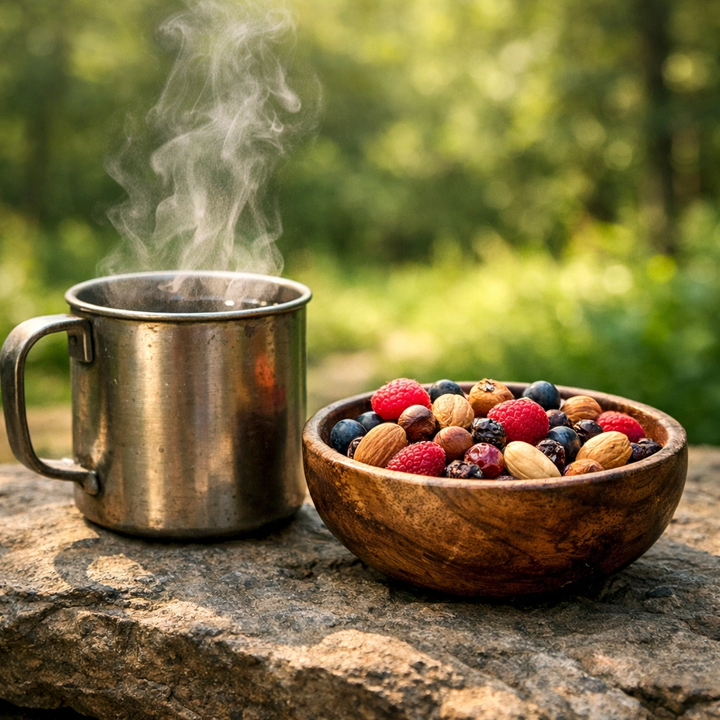 Steaming metal mug and wild berries on a rock during a camping adventure UK survival trip.