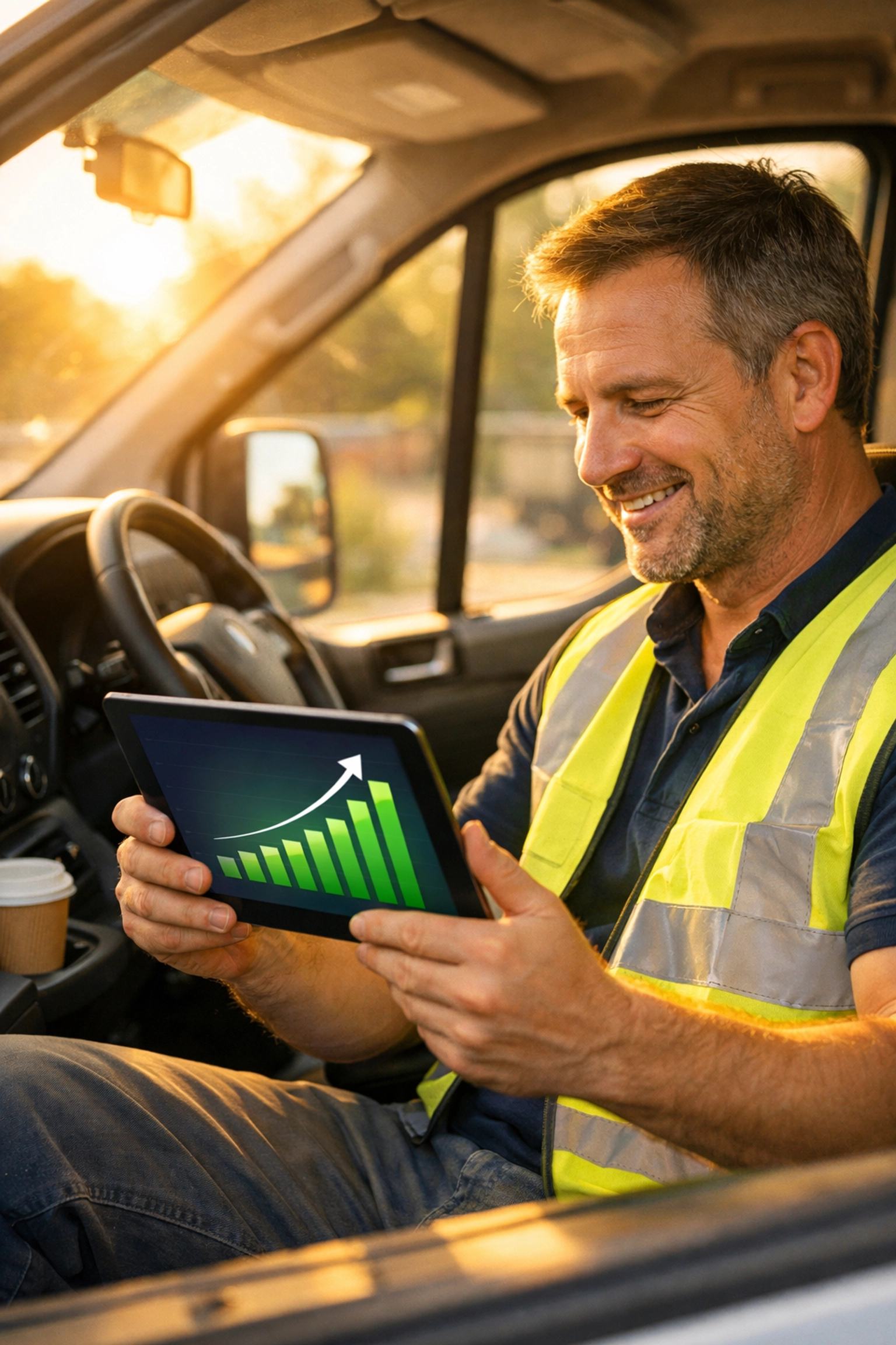 A contractor checking a profit and loss chart on a tablet to monitor business growth and cash flow.