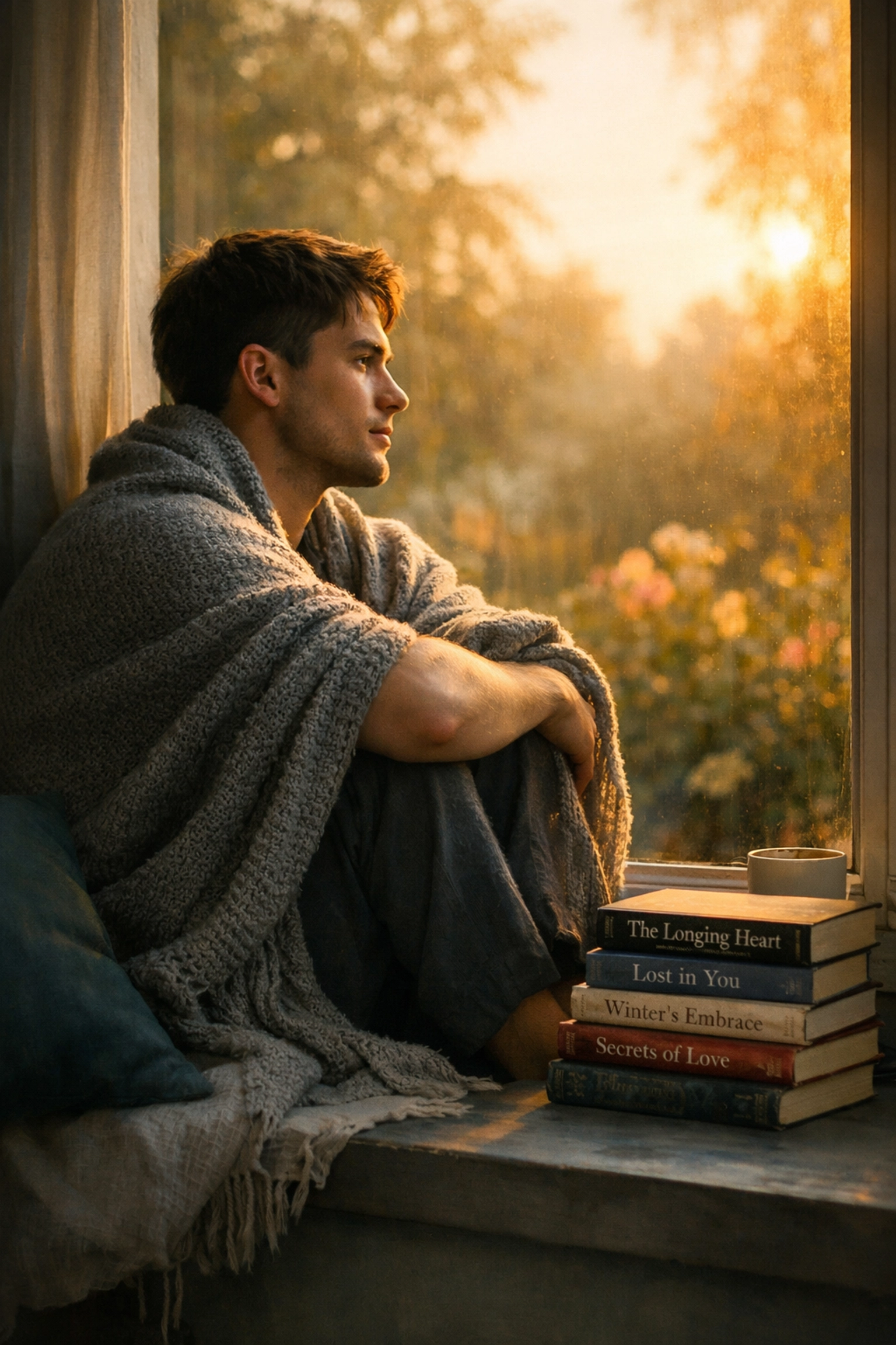 Reflective gay man reading MM romance books by a sunlit window, representing LGBTQ+ healing and peace.