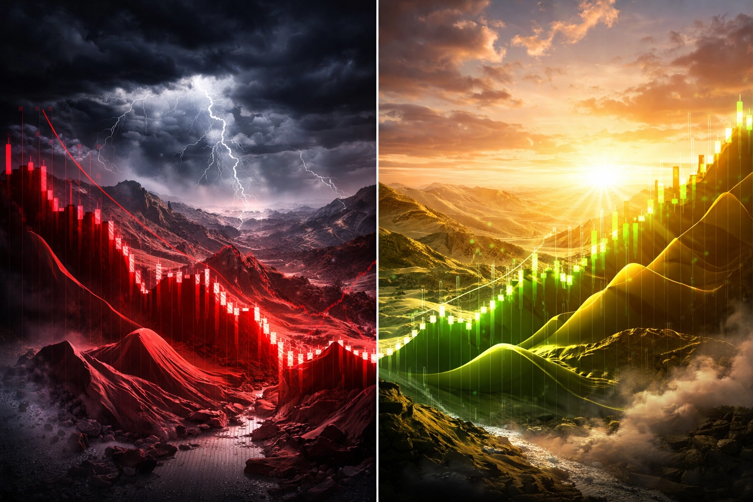 Contrasting bear versus bull market performance showing volatility compared to a balanced, stable investment strategy