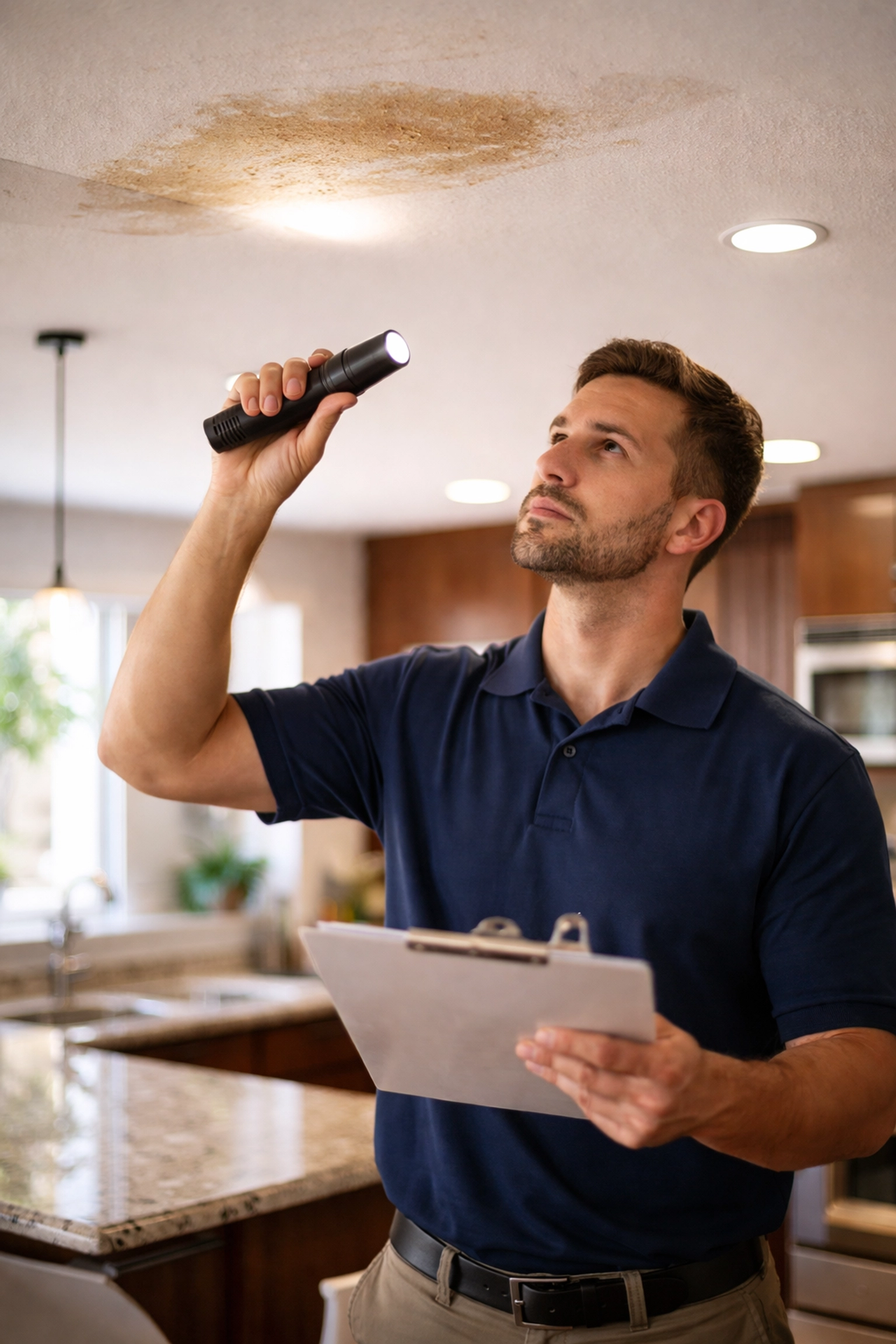 Home inspector examines ceiling water stain in a bright Las Vegas kitchen during pre-listing inspection