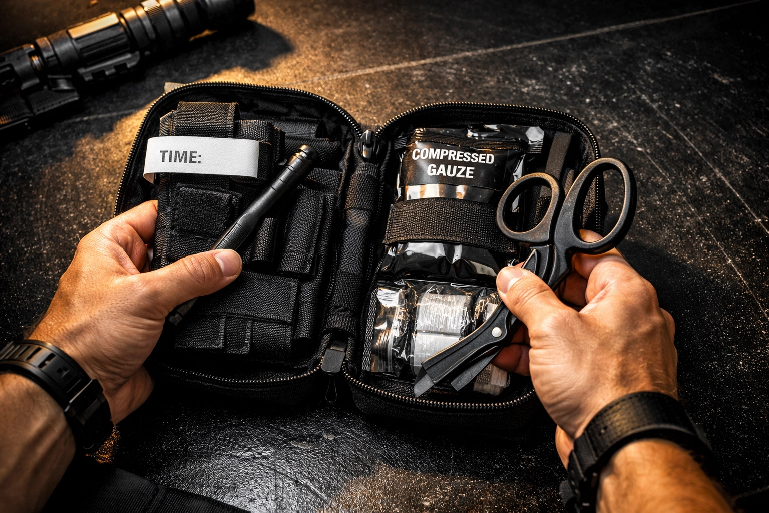 A student at C&G Solutions practices using a trauma kit with a tourniquet for massive hemorrhage control.