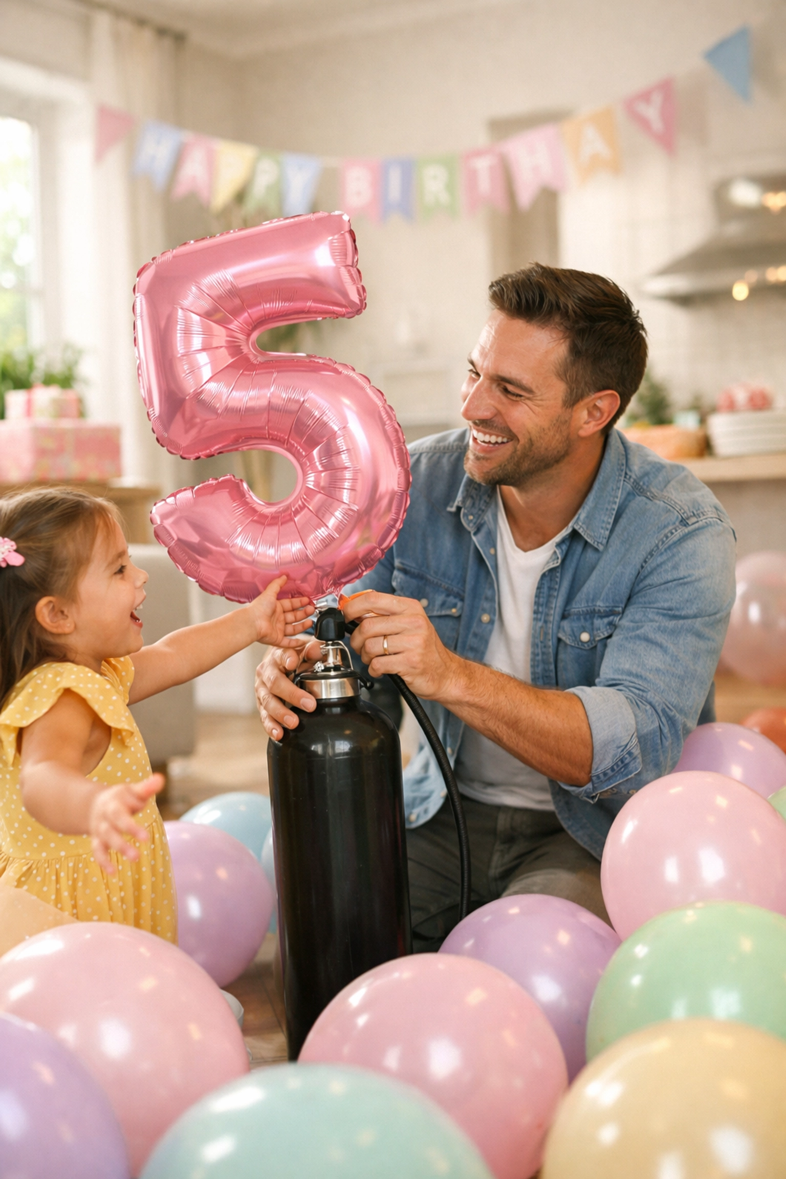 Father and daughter using a refillable helium gas cylinder to inflate party balloons at home.