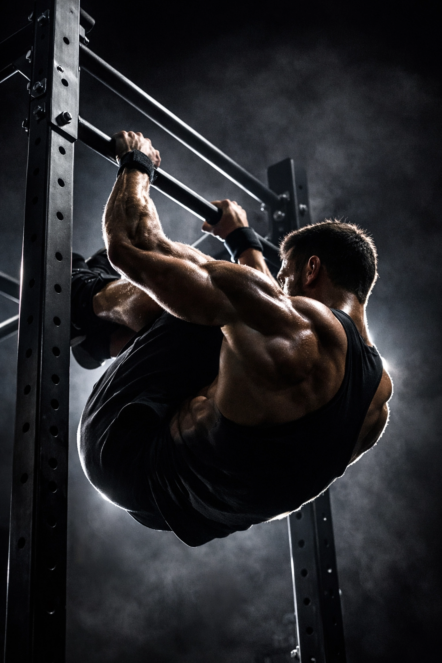 Athlete using calisthenics equipment for home to perform an advanced front lever on a vertical rail.