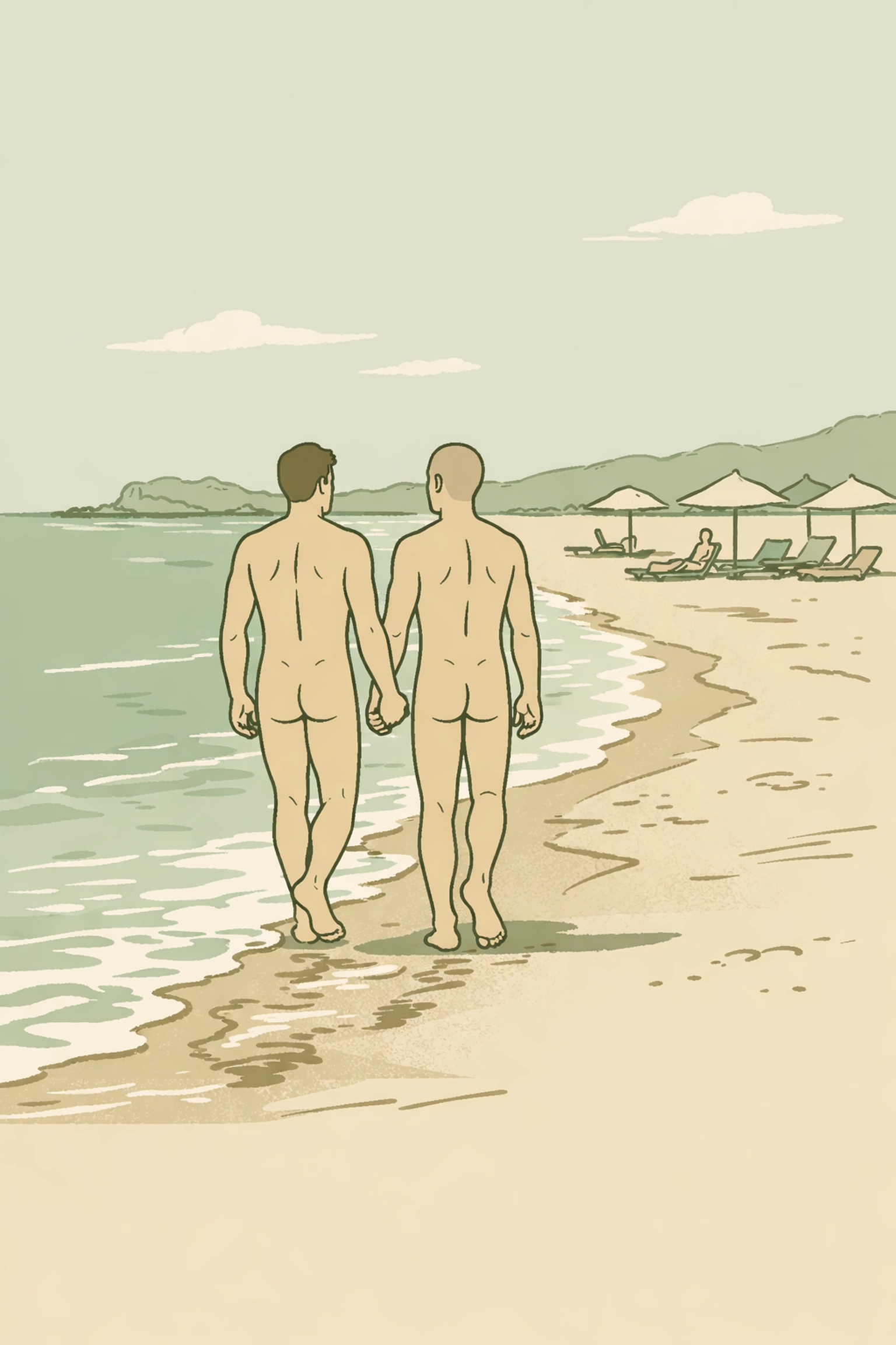 Two men walking hand-in-hand on Paralia Beach, Cap d'Agde's main gay nudist beach