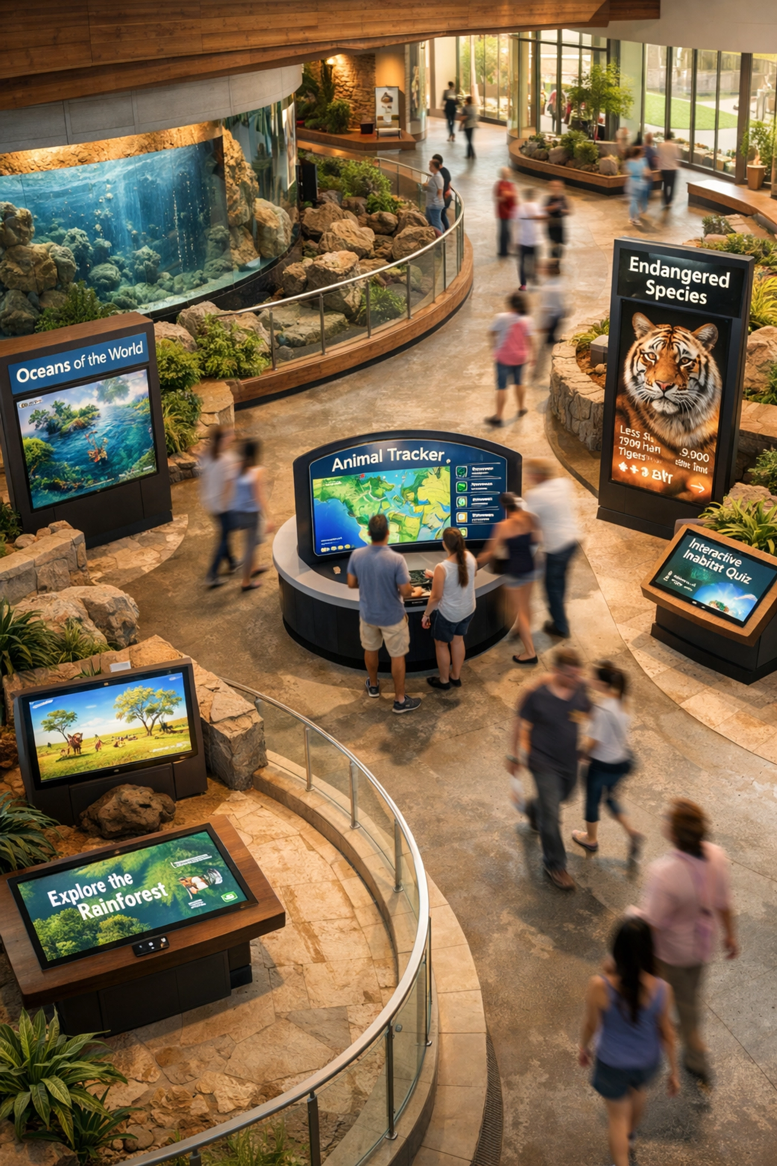 Modern zoo pavilion featuring integrated digital signage and high-impact venue advertising hubs.
