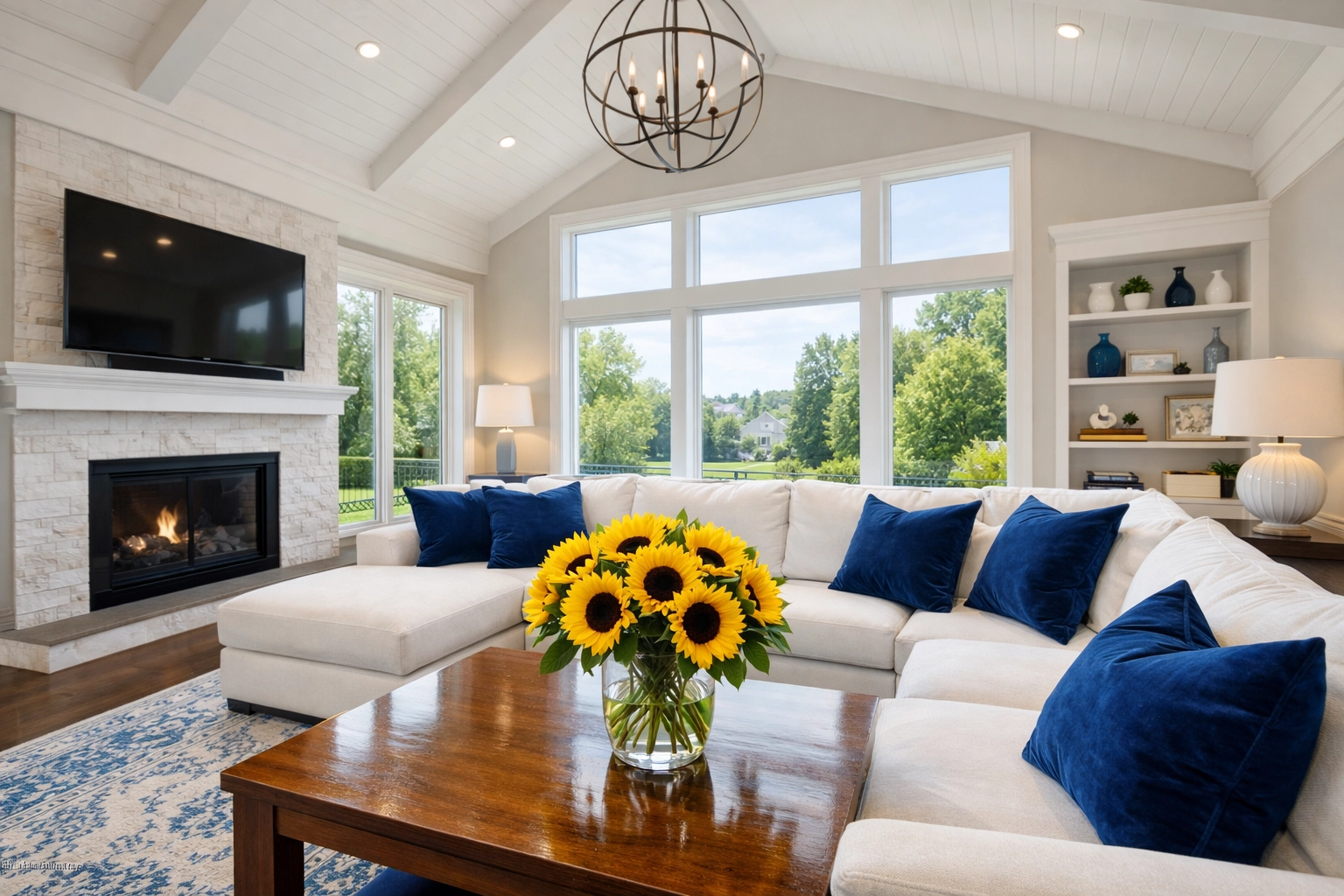 Organized living room with sunflowers showcasing premium house cleaning in Westborough standards.