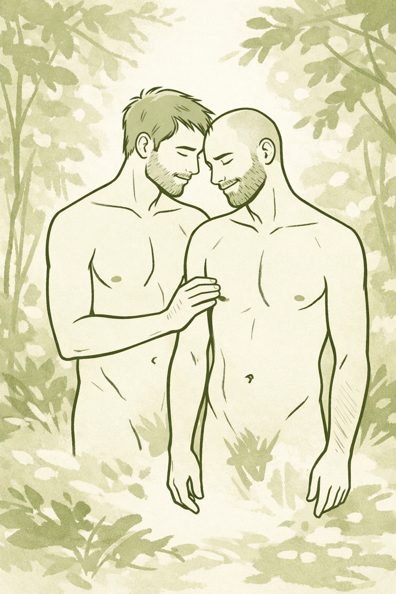 Two men sharing a vulnerable moment in nature, representing themes in MM contemporary fiction.