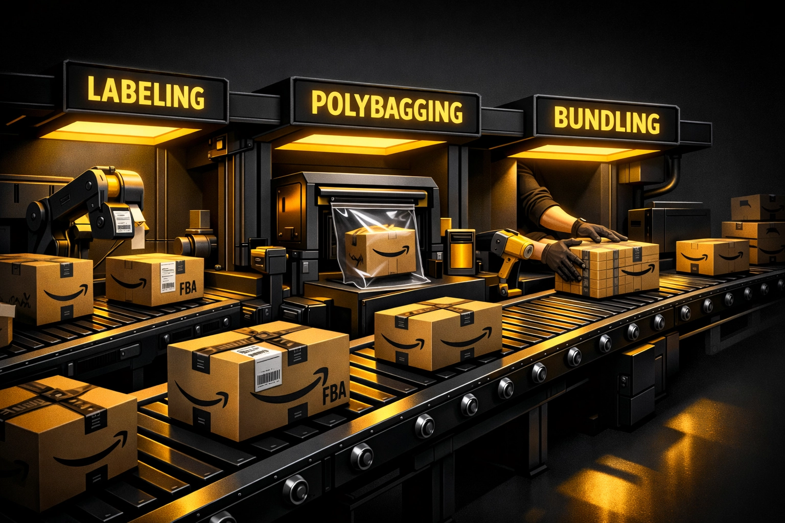 Amazon FBA prep service conveyor system with boxes moving through labeling and packaging stations