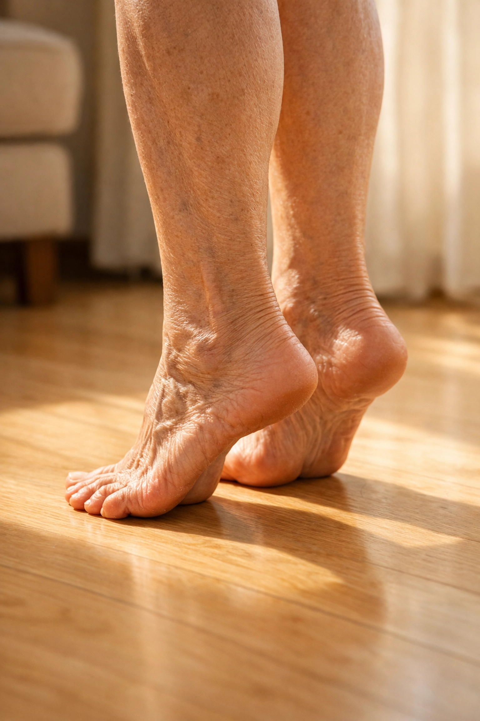 Senior performing heel raise exercise to strengthen leg muscles and prevent falls