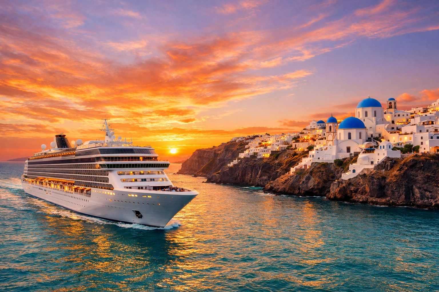 Luxury cruise ship sailing past Santorini, Greece, highlighting 2026 European cruise travel value.