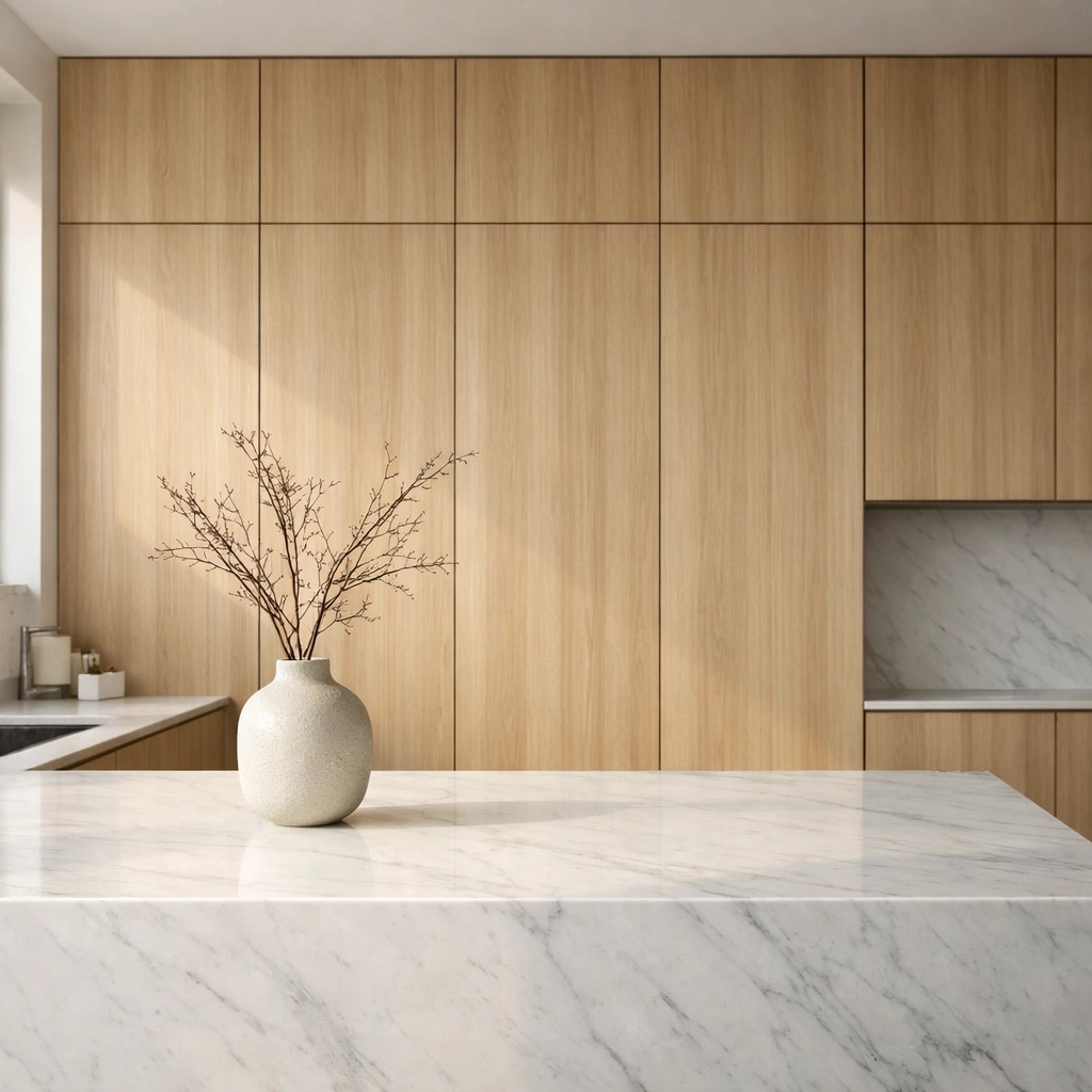 Minimalist NYC kitchen featuring floor-to-ceiling oak cabinets for increased storage and a sense of height.