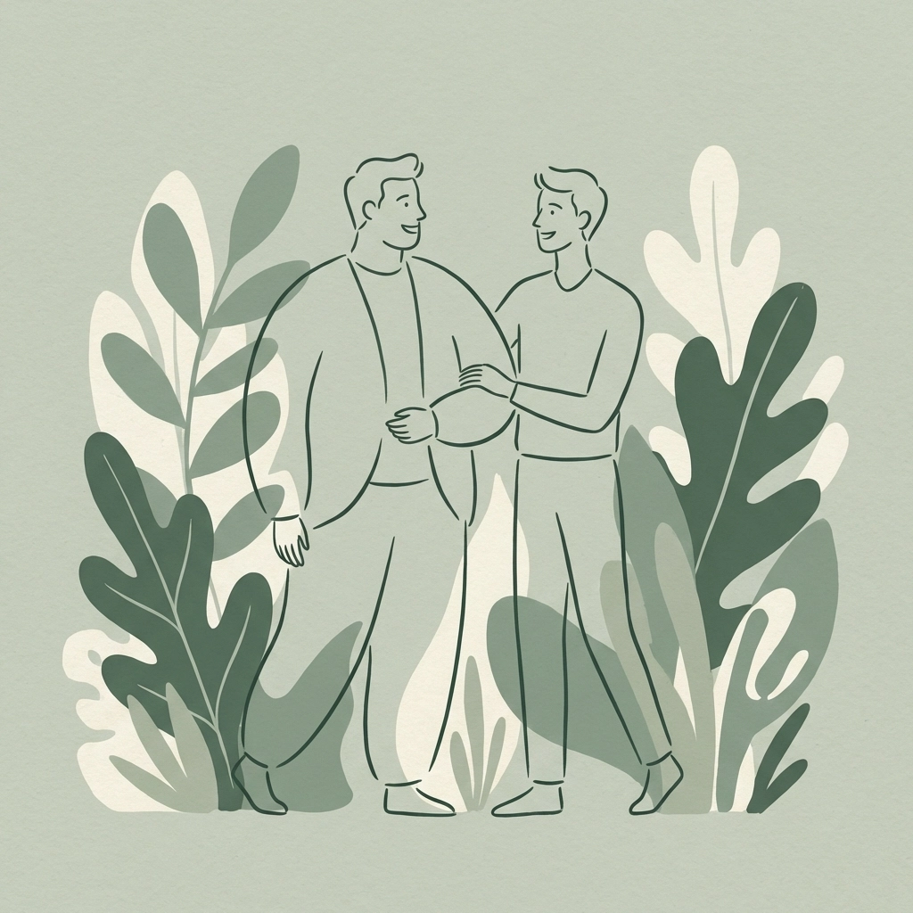 Diverse MM couple promoting body positivity and real body representation in a naturist garden.