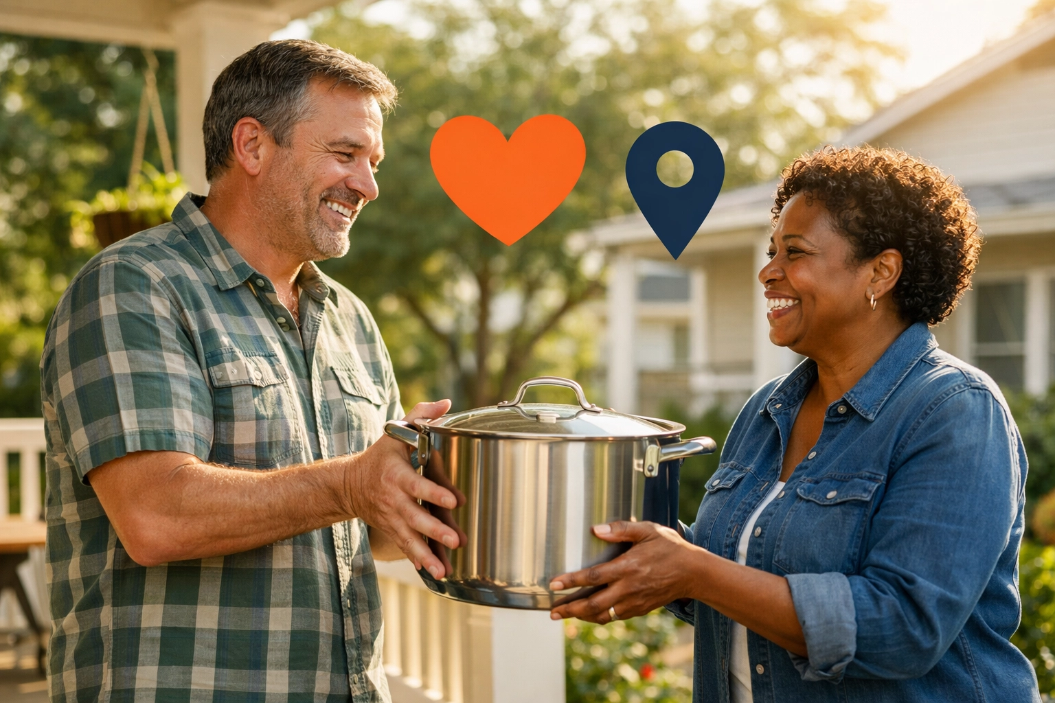 Neighbors smiling while sharing a professional stock pot rental on a suburban porch.