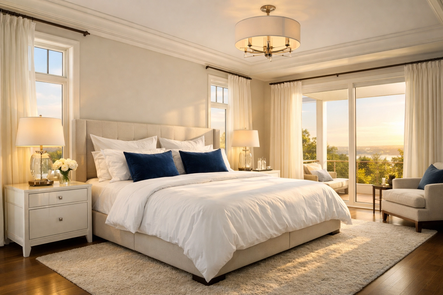 A pristine master bedroom with dust-free surfaces following professional deep house cleaning services MA.