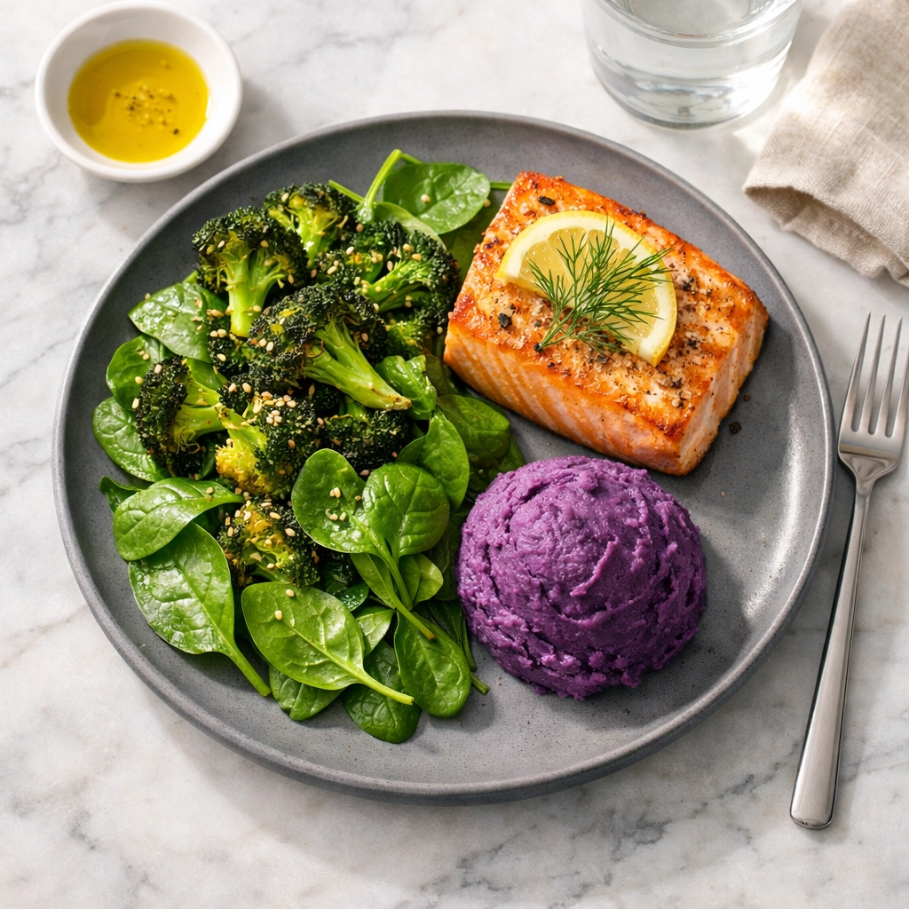 A balanced hormone harmony plate featuring salmon, greens, and sweet potato for a low-GI PCOS diet.