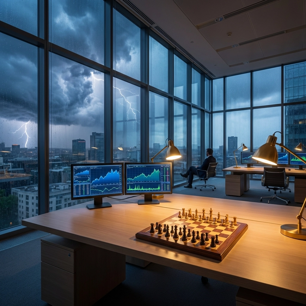 Modern office with financial charts and stormy sky, symbolizing portfolio resilience and risk management.