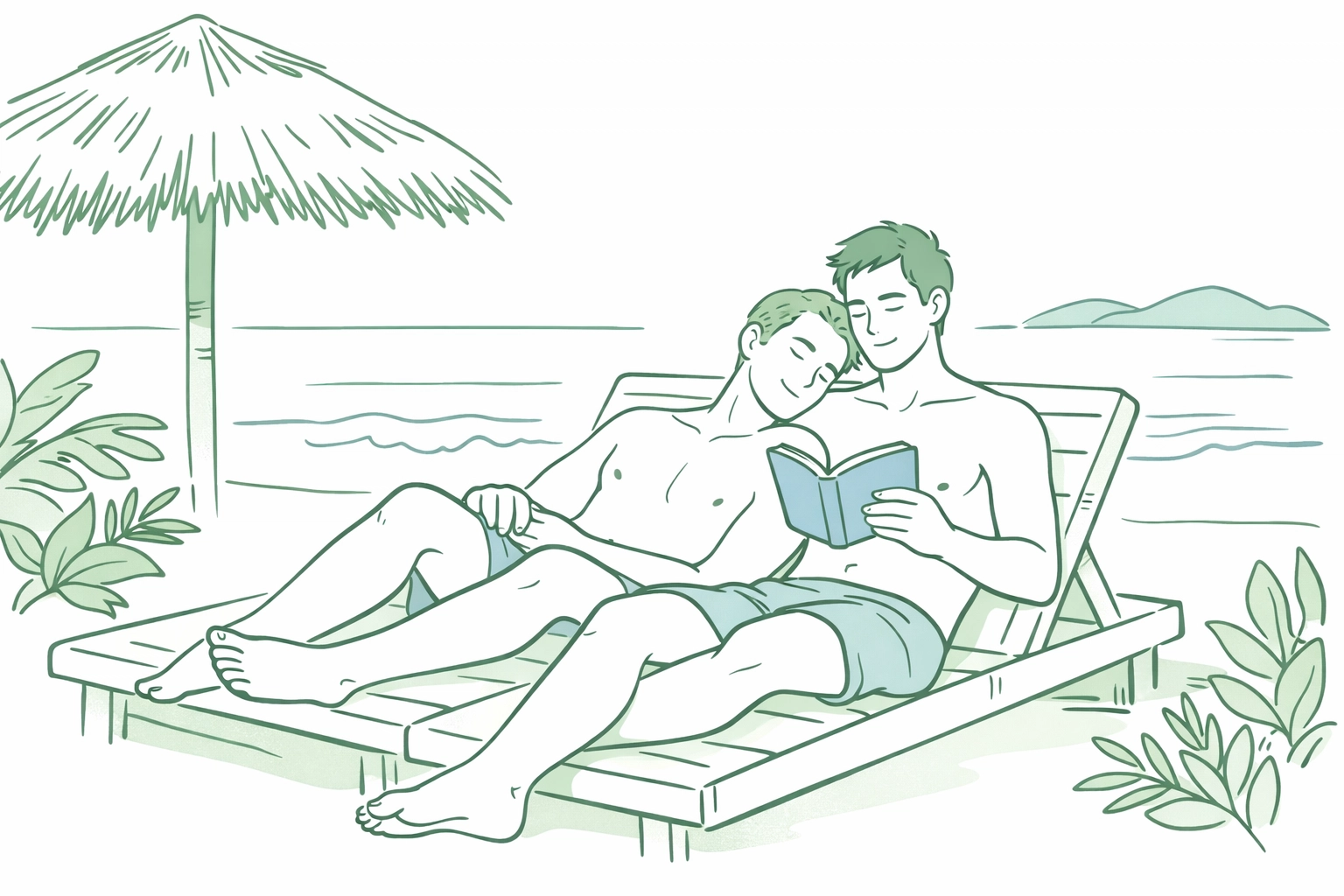 MM couple relaxing at gay-friendly naturist resort in Phuket with private beach and tropical setting