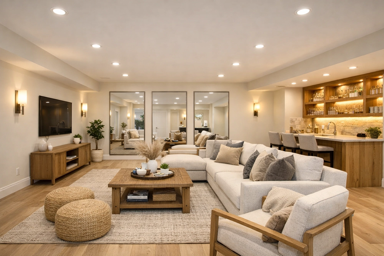 Bright, open-concept basement renovation in Bay Village featuring recessed lighting and wide-plank flooring.