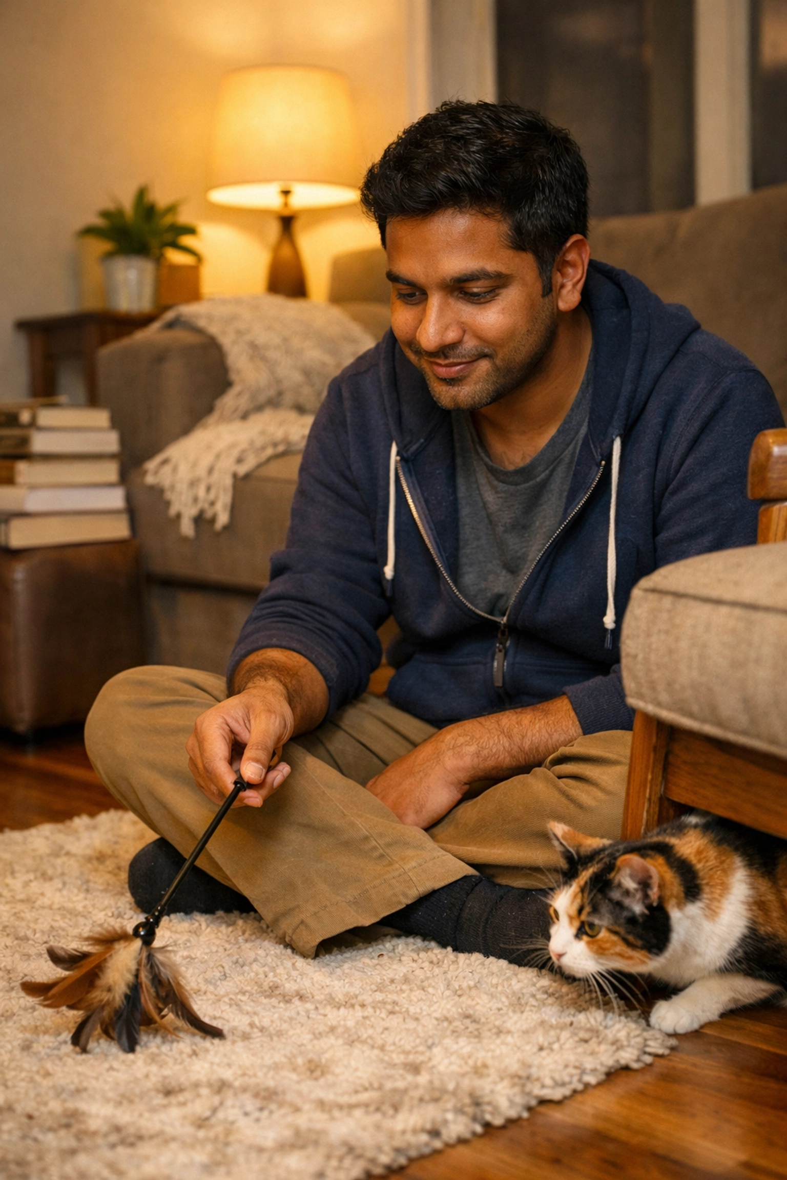 A professional cat sitter in Oakland patiently engaging a shy calico cat with a wand toy during a home care visit.