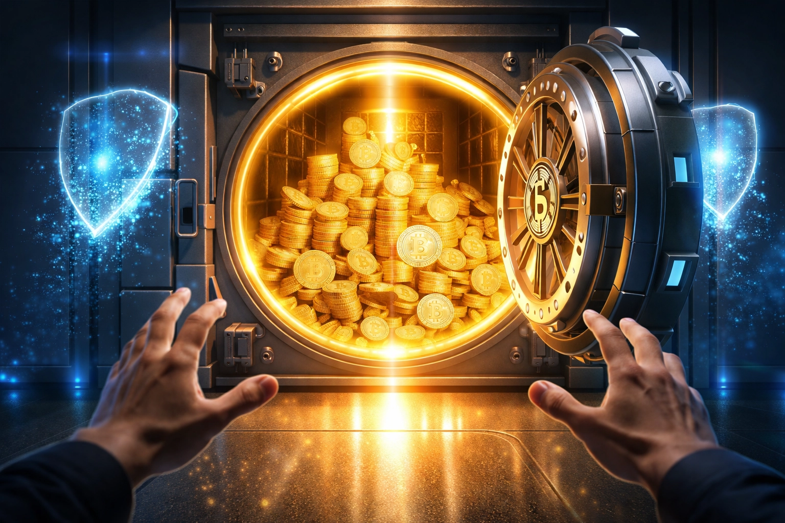 Hands opening a glowing vault filled with cryptocurrency coins, symbolizing self-custody and financial freedom for merchants.